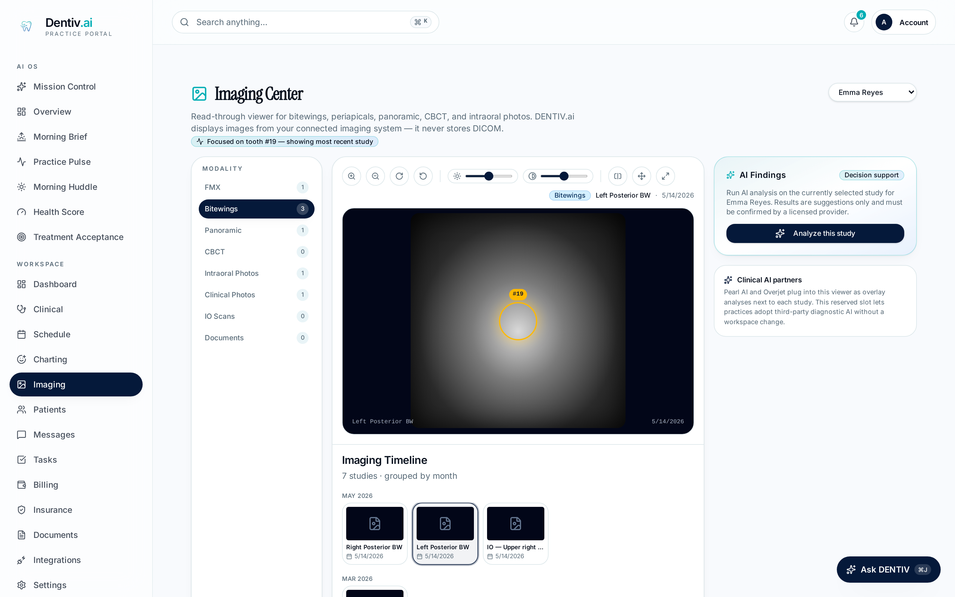 DENTIV.ai Imaging Center diagnostic viewer with modality list, imaging timeline, and AI findings panel