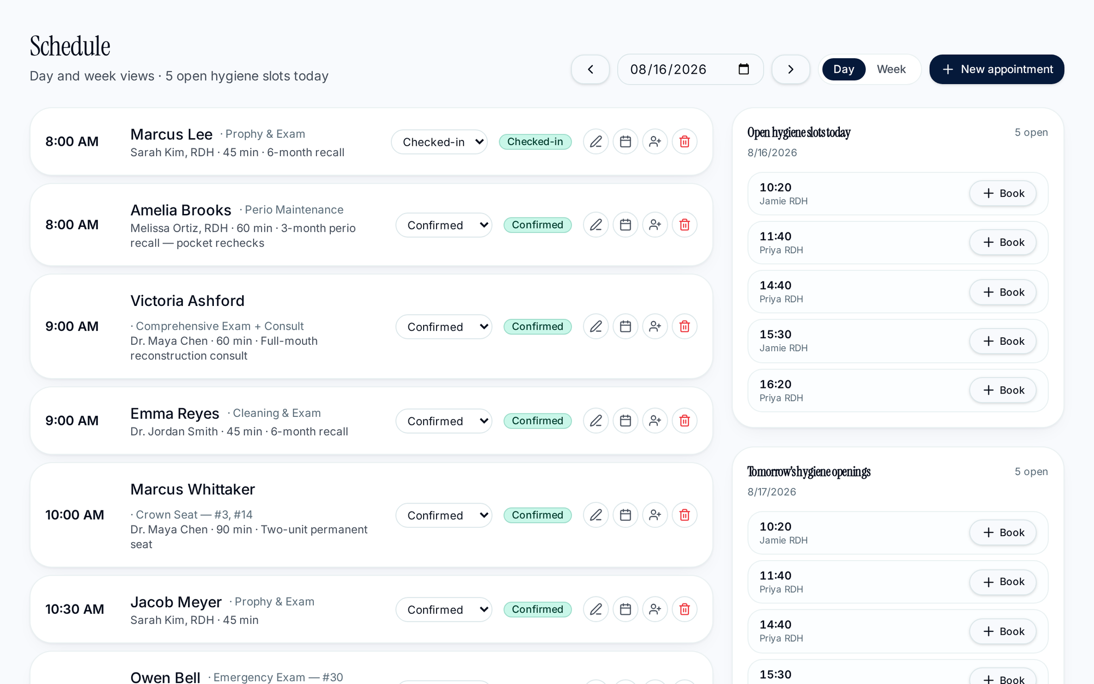 Dentiv.ai Schedule showing appointments with confirmation status and open hygiene slots